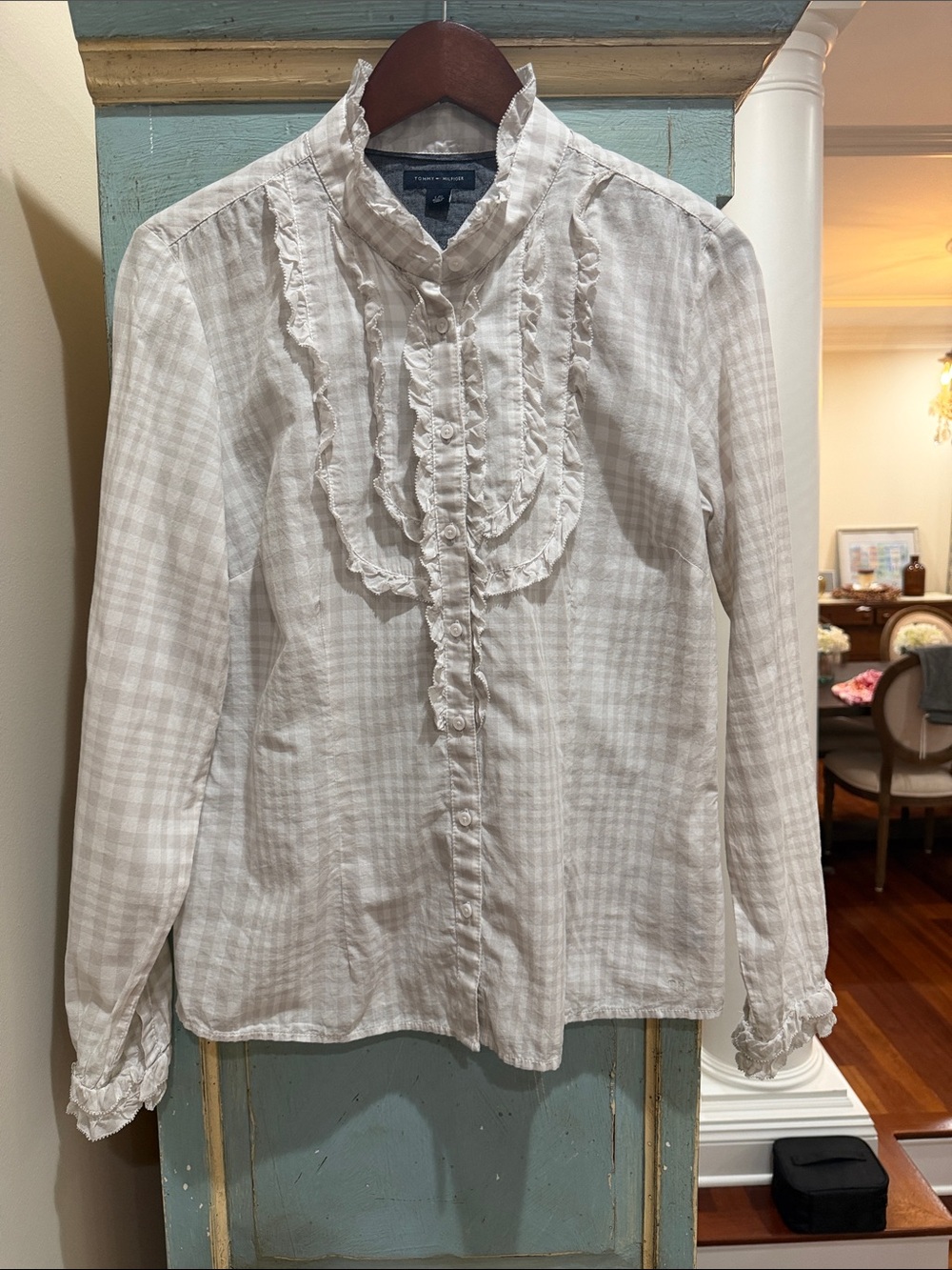 Tommy Hilfiger Gingham Ruffle Bib Shirt Top Taupe Beige White Cotton Large L